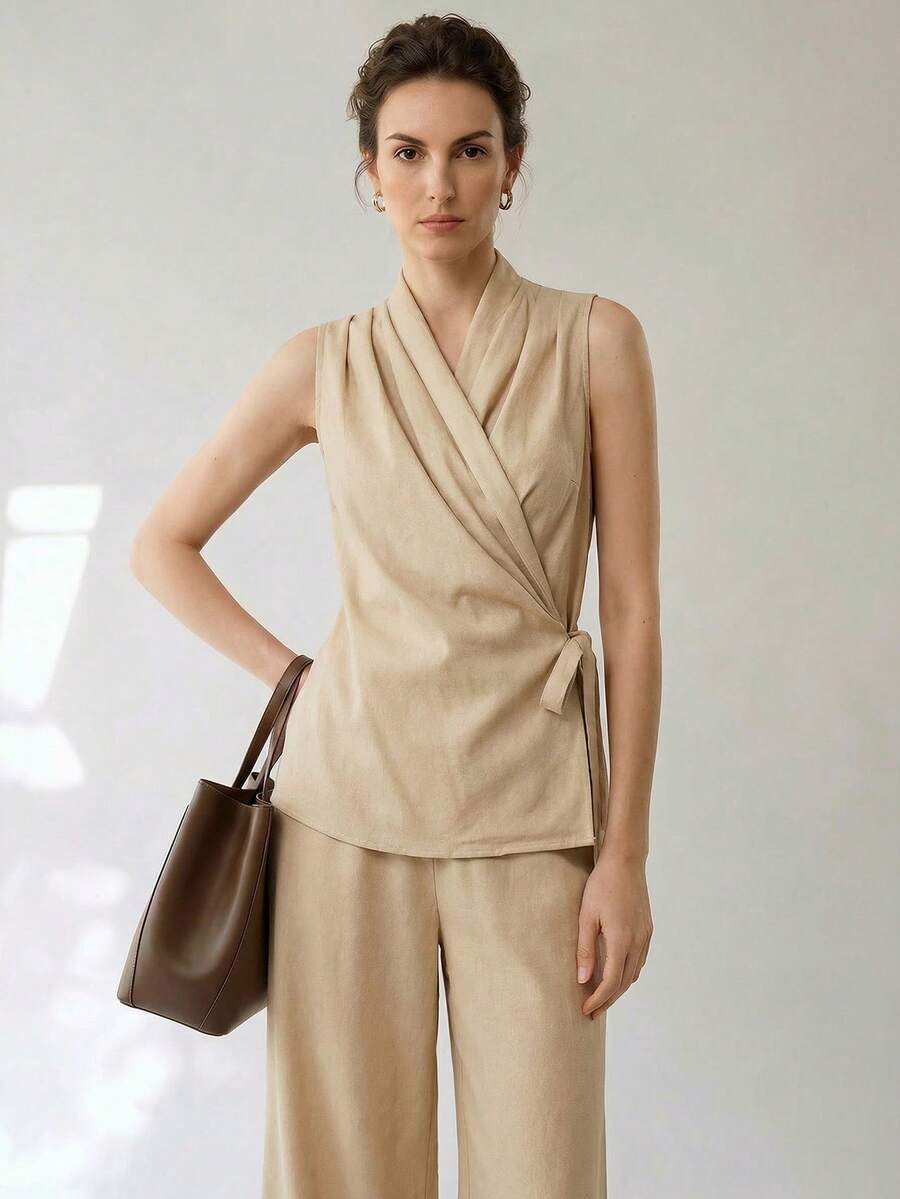 Uhlyne Uhlyne Bộ 2 món/Bộ đồ nữ đi làm thường ngày bằng vải lanh quấn cổ và quần vải lanh
