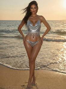 Swim SXY Backless Halter Sequin Rhinestone Crystal Tassel Crop Top Holiday Party Silver Summer - Silver - View 4