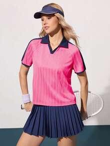 CourtClass CourtClass Women's Contrast Color Short Sleeve Tennis Shirt - Hot Pink - View 5
