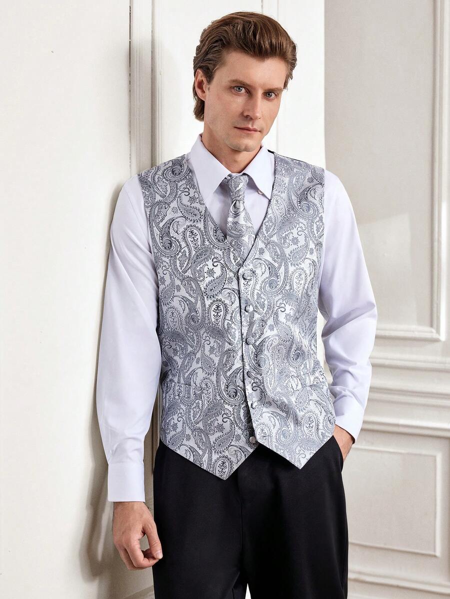 Officeau 男士提花背心、领带、袖扣、手帕四件套（不含衬衫） - 灰色 - 查看 1