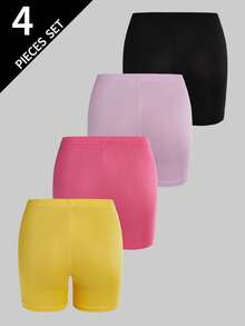 4pcs/Set Girls' Black Solid Color Minimalist Comfortable Tight Shorts & Leggings - Multicolor - View 2