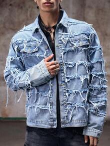 Men's Long Sleeve Distressed Denim Jacket With Fringe Collar, Retro Fashion Slim Fit Denim Top, Emo Style, For Fall - Blue - View 6