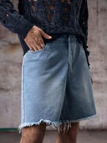 Skyrend Quần short denim thiết kế túi rách thường ngày dành cho nam, phong cách Emo - Màu xanh lam - Xem 6