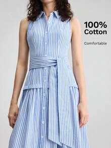 Ontre Đầm không tay in họa tiết sọc thời trang nữ - Xanh và trắng - Xem 5