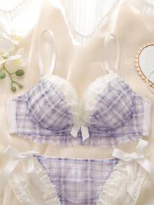 DelicateAllure 2pcs Plaid Underwire Molded Cup Underwire Lace Trim Multi-Tier Ruffle Bow Kawaii Cute Lolita Style Comfy Balconette Bra Set For Women - Purple - View 6