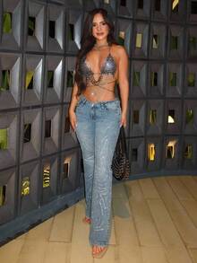 SHEIN Tall 女士时尚休闲低腰性感修身水钻Y2K喇叭牛仔裤 - 中等水洗藍 - 查看 3