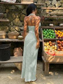 Sunnyshic Light Yellow Women Textured Jacquard Halter Neck Backless Maxi Dress Set - Baby Blue - View 2