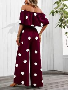EMERY ROSE Women's Vacation Off-Shoulder Polka Dot Print Top And Wide-Leg Pants 2-Piece Set (Floral Pattern Randomly Cut) - Burgundy - View 2