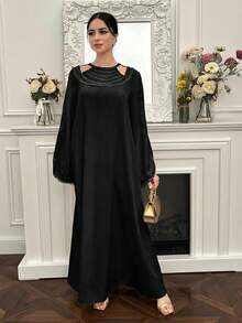 Yasmyna Women's Solid Color Contrast Lace Lantern Sleeve Elegant Arabic Style Dress - Black - View 8