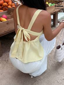 Aloruh 女士纯棉黄色条纹露背方领A字衬衫 - 黃色 - 查看 3