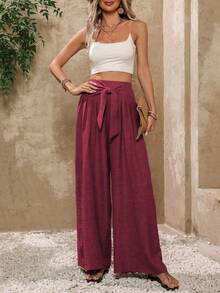 EMERY ROSE 度假休闲纯色高腰系带阔腿裤 - 紫紅色 - 查看 4