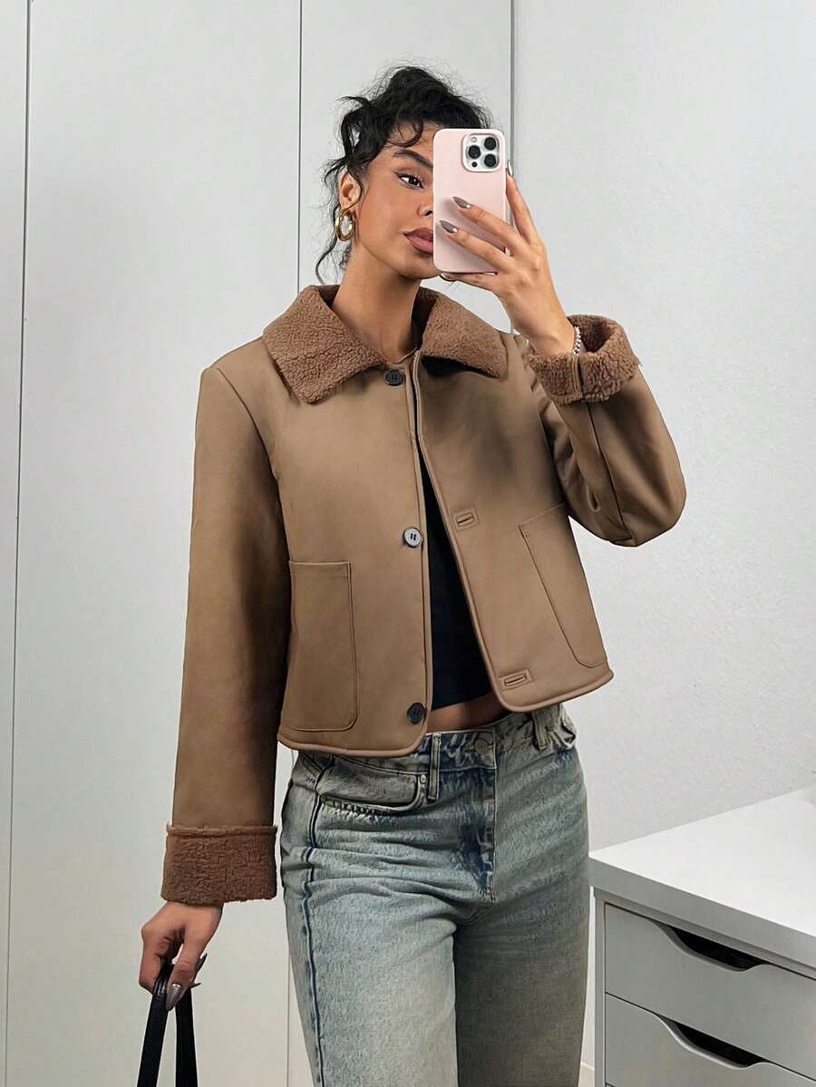 SHEIN EZwear 1 件纯色 PU 复合羊毛长袖前扣口袋夹克 - 咖啡棕 - 查看 1
