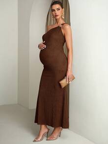 MaterniChic Elegant Solid Color One-Shoulder Mermaid Maternity Dress For Summer - Coffee Brown - View 5
