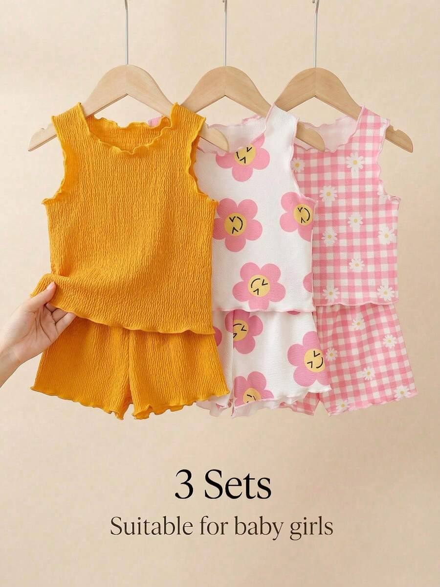 SHEIN Playful Pals Bộ 6 món cho bé gái 0-3 tuổi, kiểu dáng thường ngày, cơ bản, đi nghỉ mát, chất liệu vải dệt kim mềm mại, họa tiết sóng biển, gồm áo không tay và quần short, có 3 màu: màu mơ, xanh lá cây nhạt và đen. - Nhiều màu - Xem 1