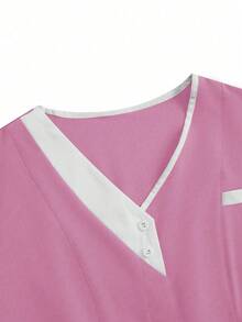 TaskEZ 2 piezas Conjunto de uniforme con top de cuello en V de manga corta y pantalones, uniforme de servicio de limpieza - Rosa - Ver 4