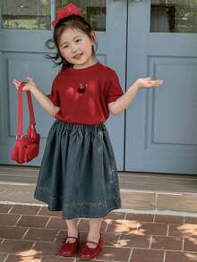 Dazy Kids Young Girl Casual Mori Style Washed Denim Sweet Skirt, Summer, Back To School - Medium Wash - View 3