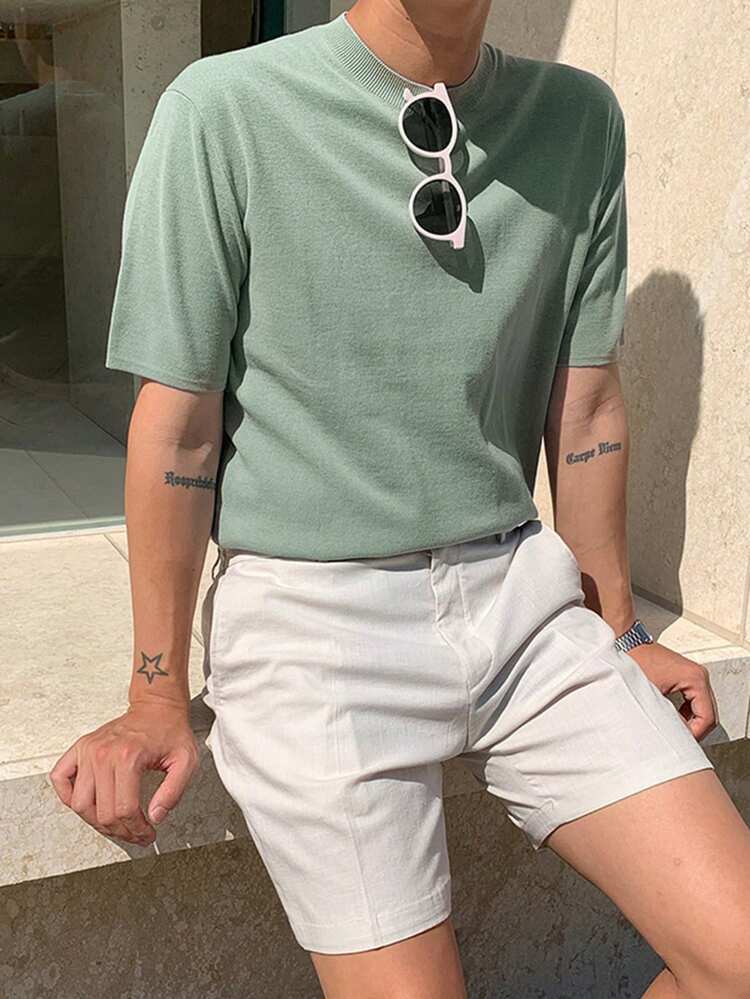 Men's Solid Mint Green Short Sleeve Knit Top, Suitable For Commuting In Summer