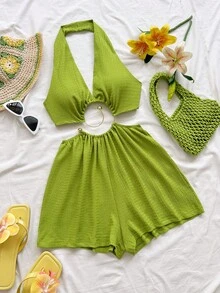 Soleia Lady's Green One-Piece Pants - Summer Casual Beach Resort Wear, Suitable For Evening Outings, Parties And Festive Occasions.No Chest Padding - Green - View 6