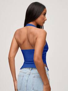 SHEIN BASICS Casual Solid Color Knit Halter Neck Top For Women/Summer Fitted Top For Women Tanktop Body Tops For Ladies Halter Tops For Women - Royal Blue - View 3