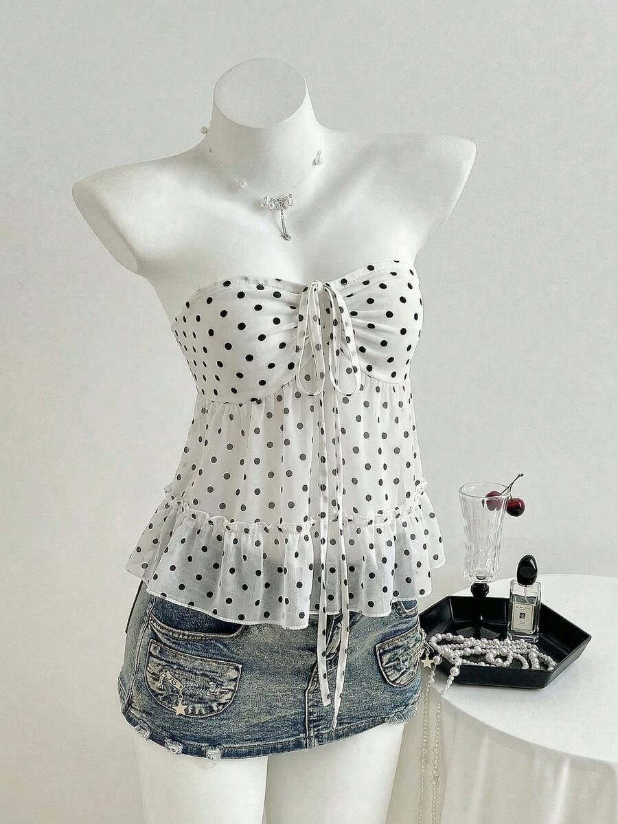 Elamini 女士夏季休闲纯黑色波点网纱性感抹胸上衣 - 白色 - 查看 1