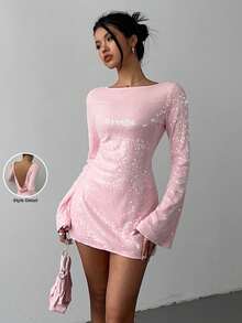Aloruh Damen sexy Minikleid mit Pailletten-Glockenärmeln und offenem Rücken, elegante Kleider für Frauen, Neujahrskleider, Freizeitkleid mit langen Ärmeln, rosa Kleid, Y2K Kleidung, elegantes Winterkleid für Frauen, Geburtstagskleider, formelle Partykleider, Goldfarbenes Sommerkleid, Business-Lässig, Abschlussballkleid, Pailletten-Rückenfreies Date-Dinner-Konzert-Clubwear-Cocktail-Sorority-Musikfestival-Abendgarderobe - Pink - Übersicht 7