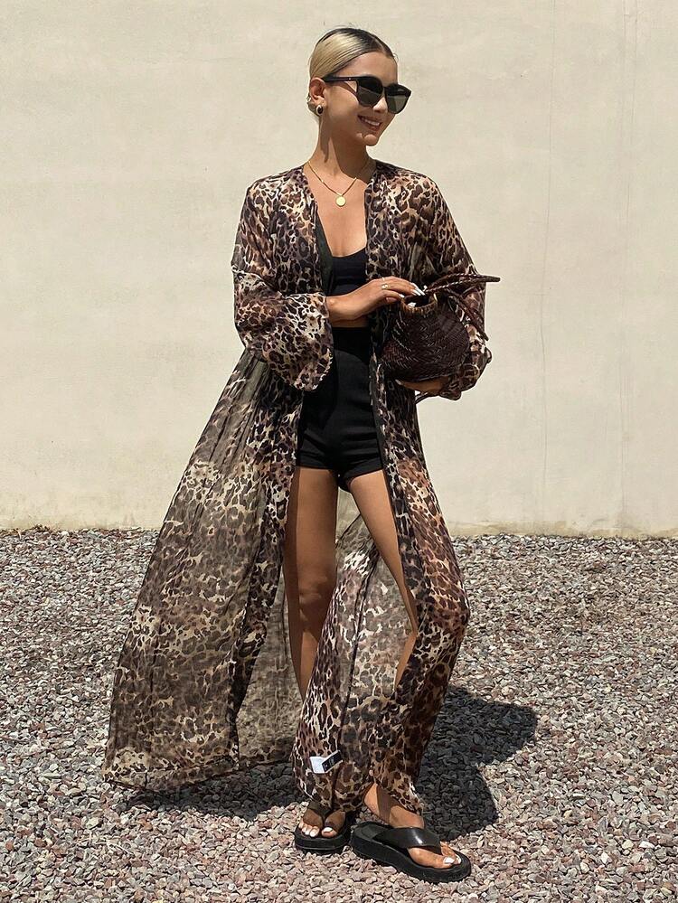 Brown Leopard Print Lantern Sleeve Sheer Long Shirt For Women, Summer Holiday Outfit Boho