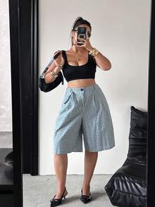 POPSWAY Pantalones rectos de pierna suelta de largo medio a cuadros - Multicolor - Ver 6