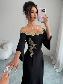 Elenzga Women's Elegant 3D Print Embroidered Off-Shoulder Fishtail Hem Dress - Black - View 5