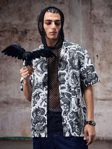 Skyrend Camisa de playa floral para hombre, graffiti vintage minimalista negro casual de verano XS-XXL - Negro - Ver 1