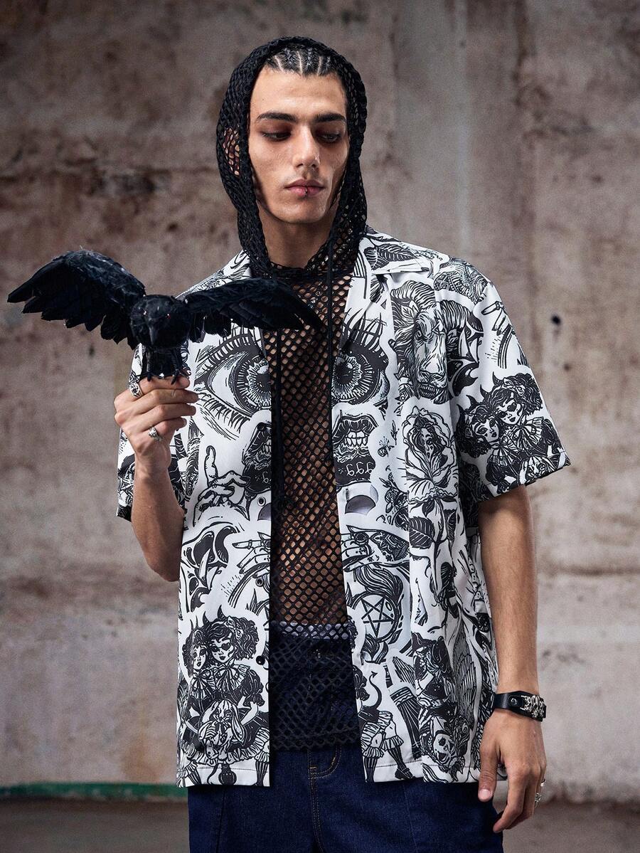 Skyrend Camisa de playa floral para hombre, graffiti vintage minimalista negro casual de verano XS-XXL - Negro - Ver 1