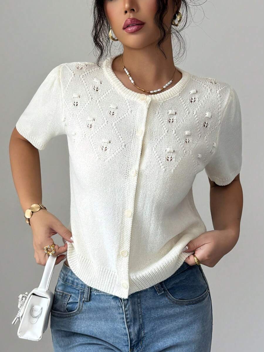 Selianne Nuevo suéter de punto de manga corta con cuello redondo, ajustado, de unicolor, con patrón floral, versátil para uso diario y elegante, para primavera/verano de mujer - Beis - Ver 1