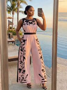 SHEIN Lady CURVE Plus Size Women Floral Print Backless Sleeveless Wide Leg Jumpsuit - Pink - View 6