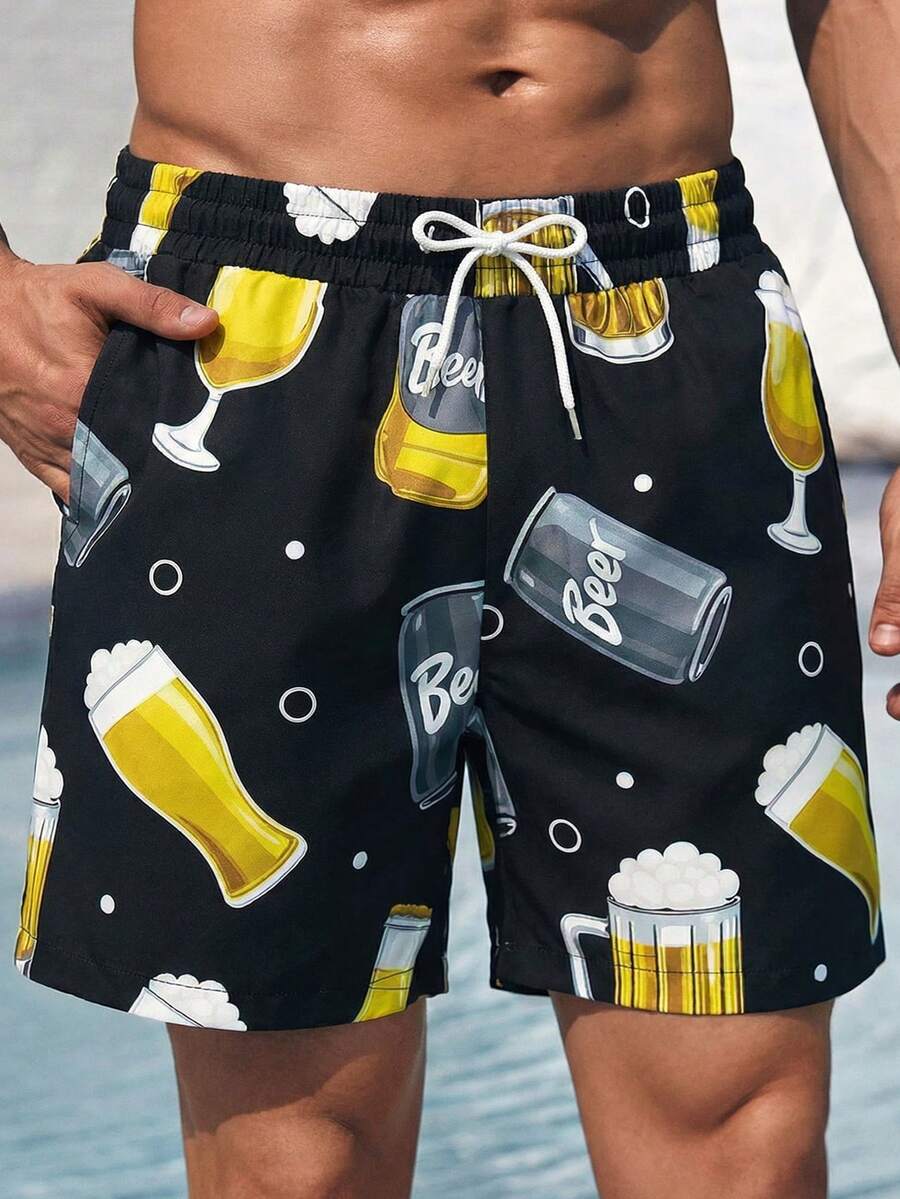 Manfinity Swimmode Quần short nam kiểu dáng thường ngày, in hình bia, có dây rút ở eo và túi, thích hợp mặc đi biển. - màu đen - Xem 1