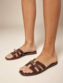 SHUZIA Dép xỏ ngón nữ đế vuông đế bệt phủ PU màu nâu cao cấp, khâu khóa vàng - Tinh tế, thanh lịch và thời trang - màu nâu - Xem 4