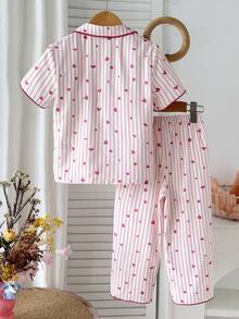SHEIN 女童简约粉色爱心条纹图案翻领纽扣短袖宽松舒适梭织睡衣套装，2 件套 - 粉色 - 查看 8