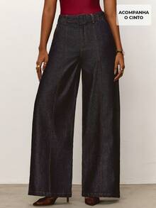 Daynim 高腰阔腿牛仔裤 - 深色水洗藍 - 查看 1