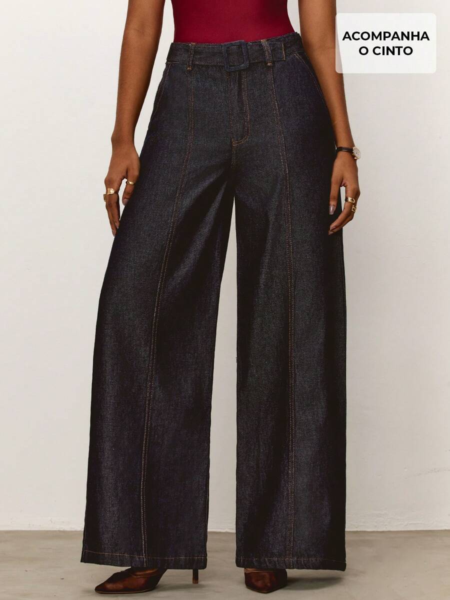 Daynim 高腰阔腿牛仔裤 - 深色水洗藍 - 查看 1