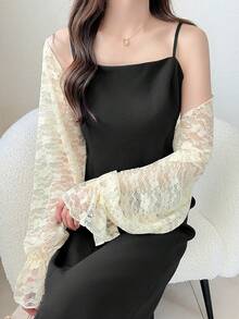 FRIFUL Áo kiểu ren dài tay dáng rộng màu trơn dành cho nữ - Màu be - Xem 6
