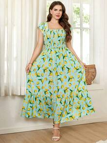 SHEIN Clasi Plus Size Women Lemon Print Ruched Date Beach Vacation Dress, Light Blue, Summer, Boho, Picnic, Holiday New Arrival Fashionable Vintage Zanea Dress - Multicolor - View 8