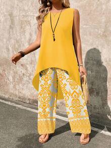 EMERY ROSE Set de 2 piezas con parte superior sin mangas de dobladillo alto-bajo de unicolor y pantalones de pierna ancha con estampado geométrico para mujer, ideal para vacaciones - Amarillo - Ver 4