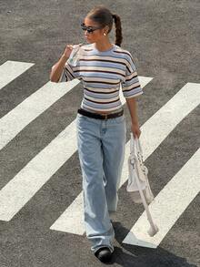 Muchica 休闲简约风蓝色不对称条纹T恤，百搭街头风，适合春夏穿着 - 彩色 - 查看 7