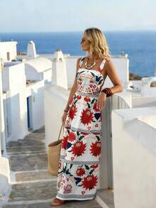SHEIN Holidaya Đầm nữ mới cổ vuông, dây bản rộng, hở lưng, thắt nơ ở eo, xếp lớp, dáng xòe. - Nhiều màu - Xem 4