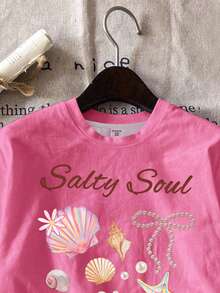 淺粉色夏季休閒可愛圖案海灘度假青少年女孩款 Salty Soul 海星貝殼珍珠蝴蝶結短袖圓領T恤，春季 - 彩色 - 查看 3