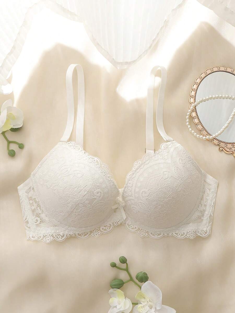 花邊有鋼圈胸罩內衣 - 白色 - 查看 1