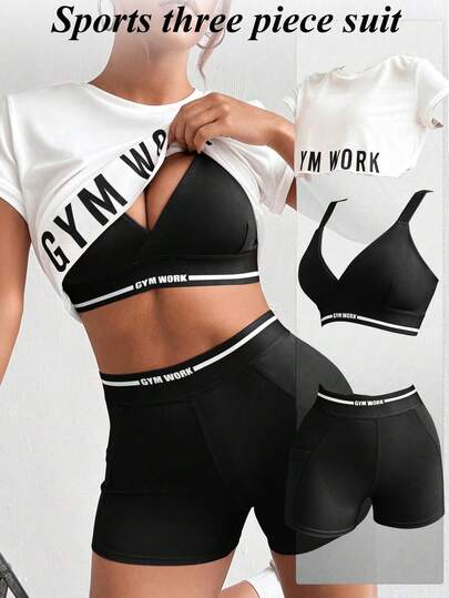 Rhythm Era 大码休闲百搭撞色内衣套装，可拆卸棉垫高弹力腰带，字母印花三件套运动套装