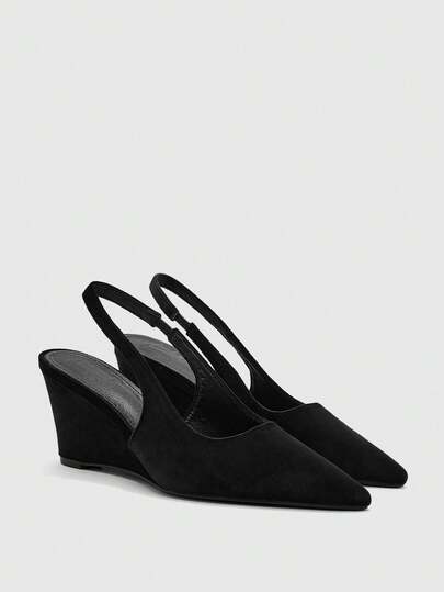 CUCCOO BIZCHIC Women Shoes Outdoor Women's Pointed Wedge Heel Black Fleece Fabric Stylish, Simple And Comfortable Daily Party Festival Banquet With Elastic Band Gag Heel Solid Color Shoes