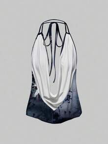 ROMWE Avant Ny kinesisk stil religiös buddhistisk kinesisk lotus sexig rygglös halterneck linne för kvinnor - Svart - Visa 2