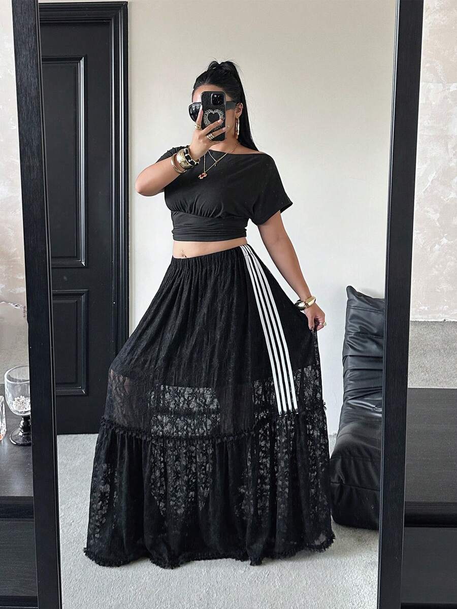 SHEIN POPSWAY Plus Size Spring/Summer Lace Patchwork Striped Skirt - Black - View 1