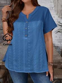 EMERY ROSE Plus Size Contrast Color Notched Neck Casual Short Sleeve Shirt - Blue - View 1