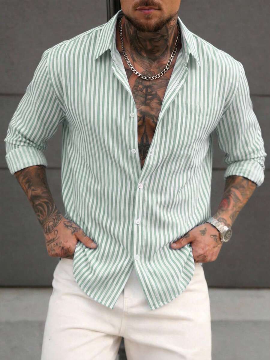 Manfinity Homme Men's Simple Blue And White Striped Woven Shirt - Green - View 1